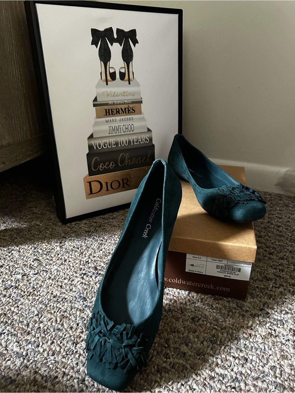 Coldwater Creek Teal Satin Fringe Ballet Flats, NWT Size 8.5M